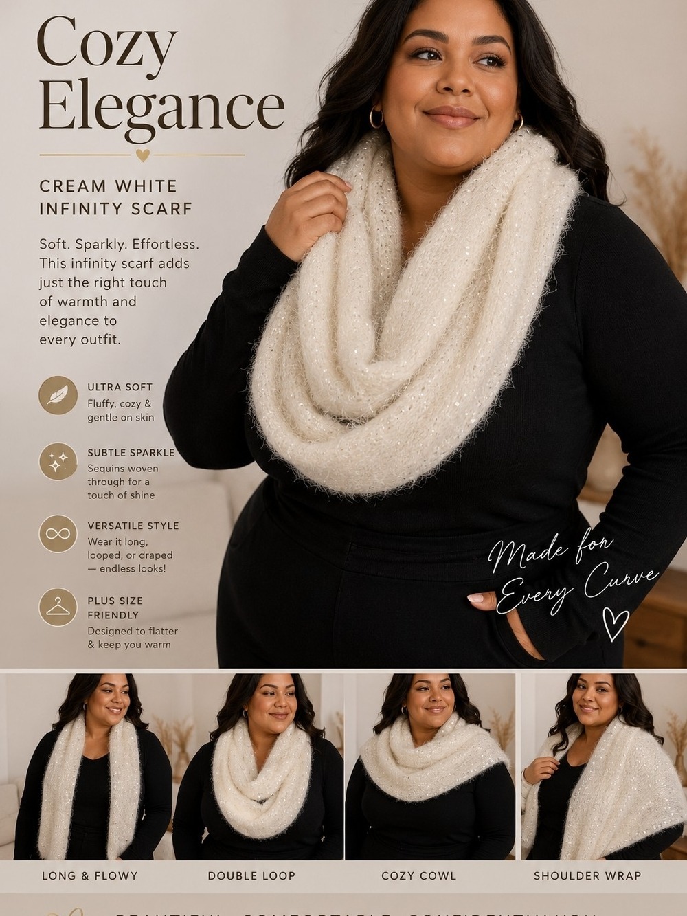 Cream White Sparkle Infinity Scarf